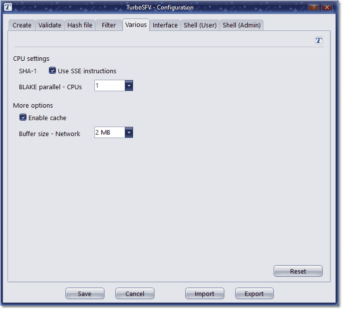 Screenshot: Configuration tab various